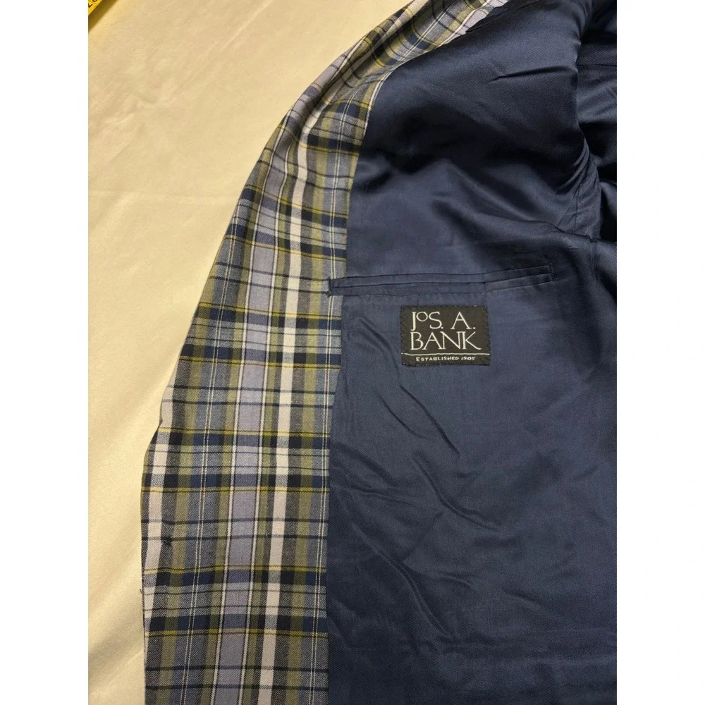 Jos A Bank Mens 44S Plaid Sport Coat Blue Green White 100% Cotton Blazer